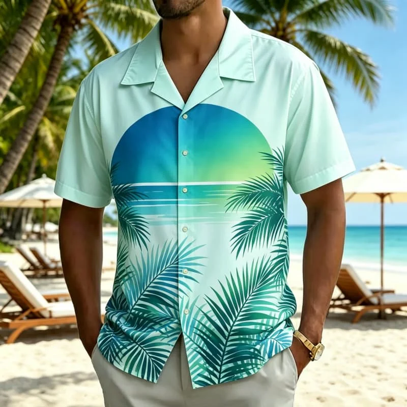 Men's vintage sunset print Hawaiian shirt, suitable for summer activities, outdoor travel, casual styling, and daily wear