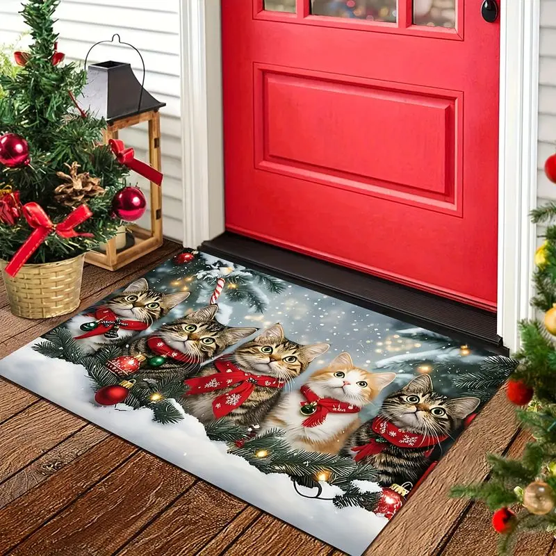 VIKAMA Christmas Winter Snow Kitten Welcome Doormat Non Slip Floor Mat For Entrance Hall Kitchen Bedroom Xmas Home Decor
