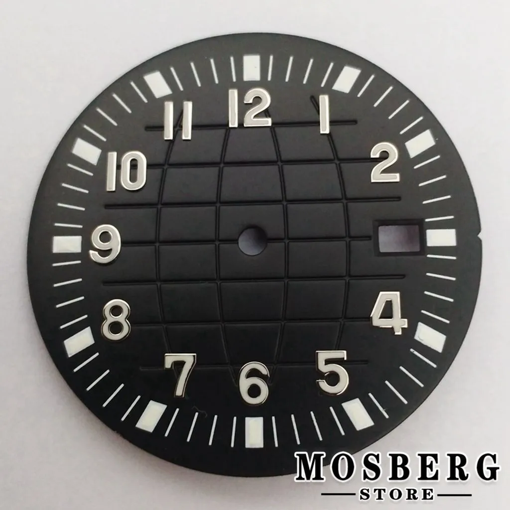 33mm Sterile Green Luminous Watch Dial With Date Window Earth Pattern For NH35 NH35A Watches Movement Parts