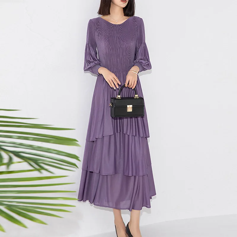 Miyake vestido plissado nova chegada elástico estiramento pulôver estilo lanterna mangas em camadas bolo camada design vestidos de moda feminina