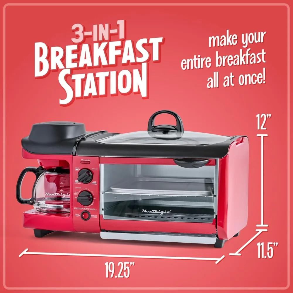 

3-in-1 Breakfast Station Includes Coffee Maker, Non Stick Griddle, and 4-Slice Toaster Oven Versatile with Timer Red