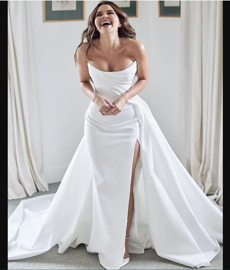 Robes de mariée en Satin Sexy avec Train détachable, fente en cœur, robes de mariée blanches, personnalisées aux mesures