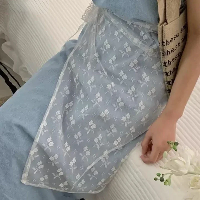 Gonna di garza a strati di pizzo con allacciatura da donna Vintage Bowknot Stampa cinturino in pizzo trasparente Tenda per abito in tulle con fasciatura in un unico pezzo