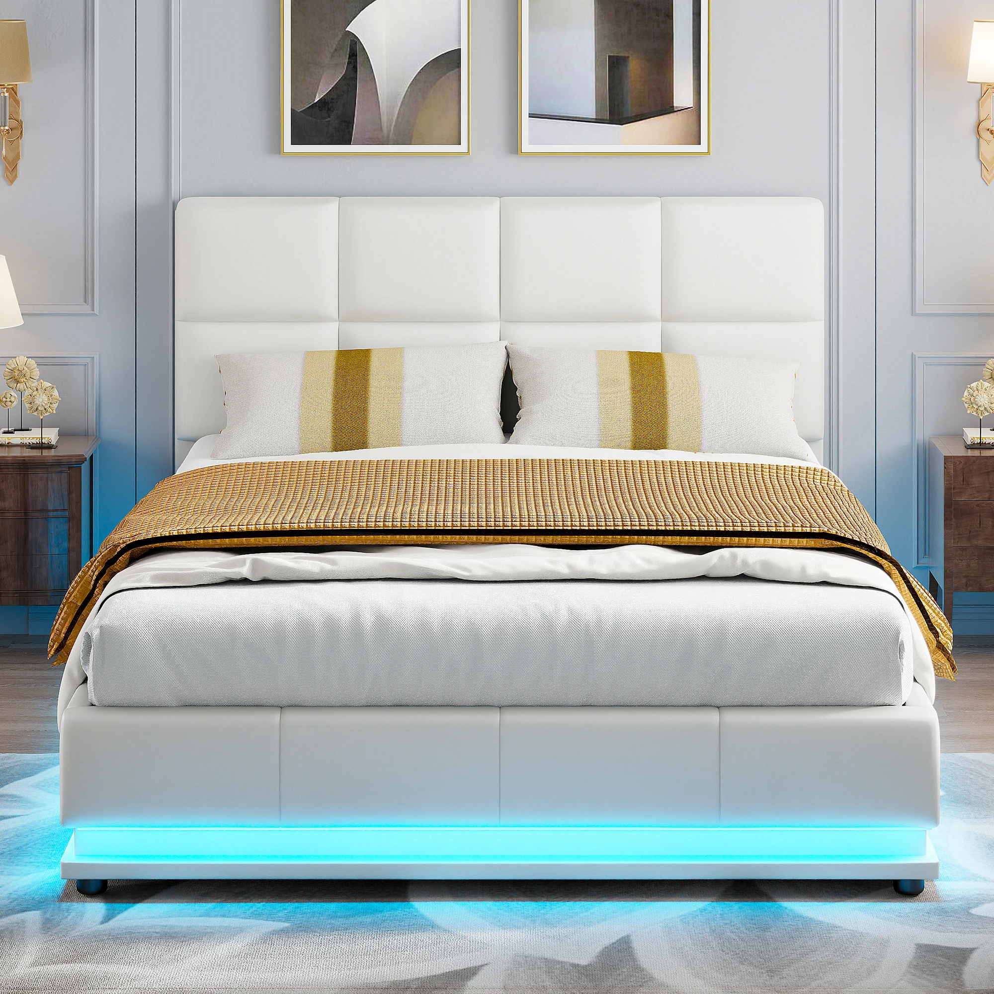 Rosahqnda gestoffeerd tweepersoonsbed 140 x 190 cm met hydraulische opbergruimte, jeugdbed met LED en USB-oplaadstation