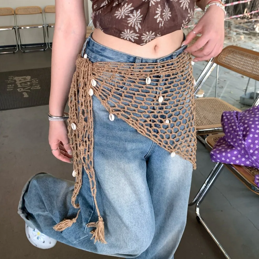 Retro Fishnet Butt Curtain for Women Shell Design National Style Hip Curtain Waistband Headscarf with Tassel Apron Wrap Skirt