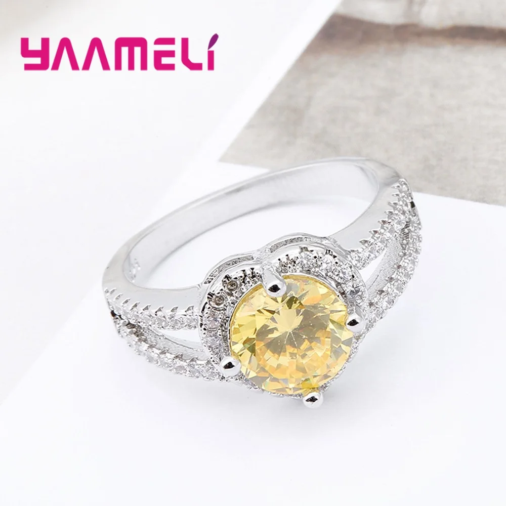 Full White Zircons Paved With Round Purple/Yellow Shiny AAA Zircons Female Wedding Rings Bague 925 Sterling Silver Color Anel