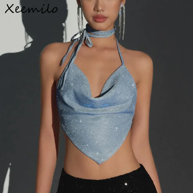 

Shinny Backless Tank Top Sexy Deep V-neck Bandage Halter Crop Tops Aesthetic Irregular Shape Skinny Slim Women Camis