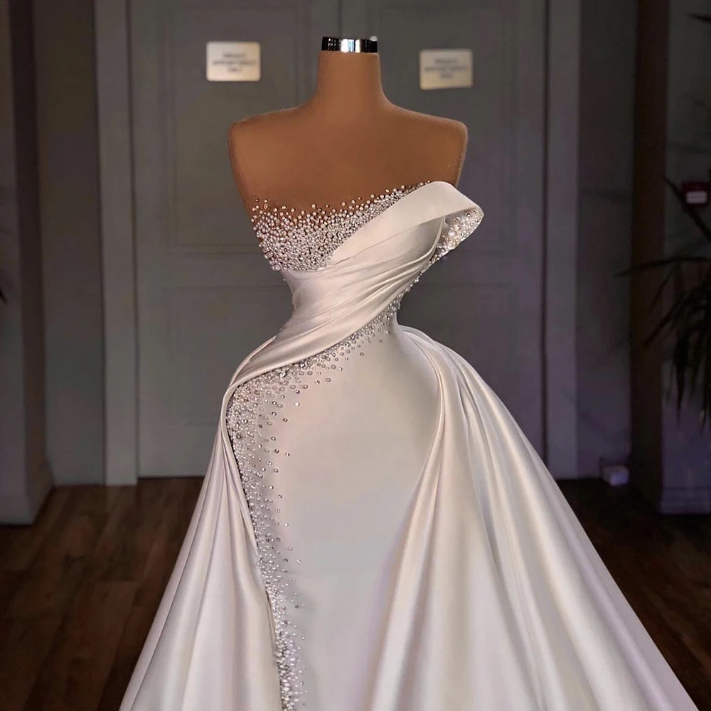 STEVDITG Fashion Detachable Tail Wedding Dress Elegant Strapless Sleeveless Court Train Pearls Mermaid Gowns Luxury Bride Dress