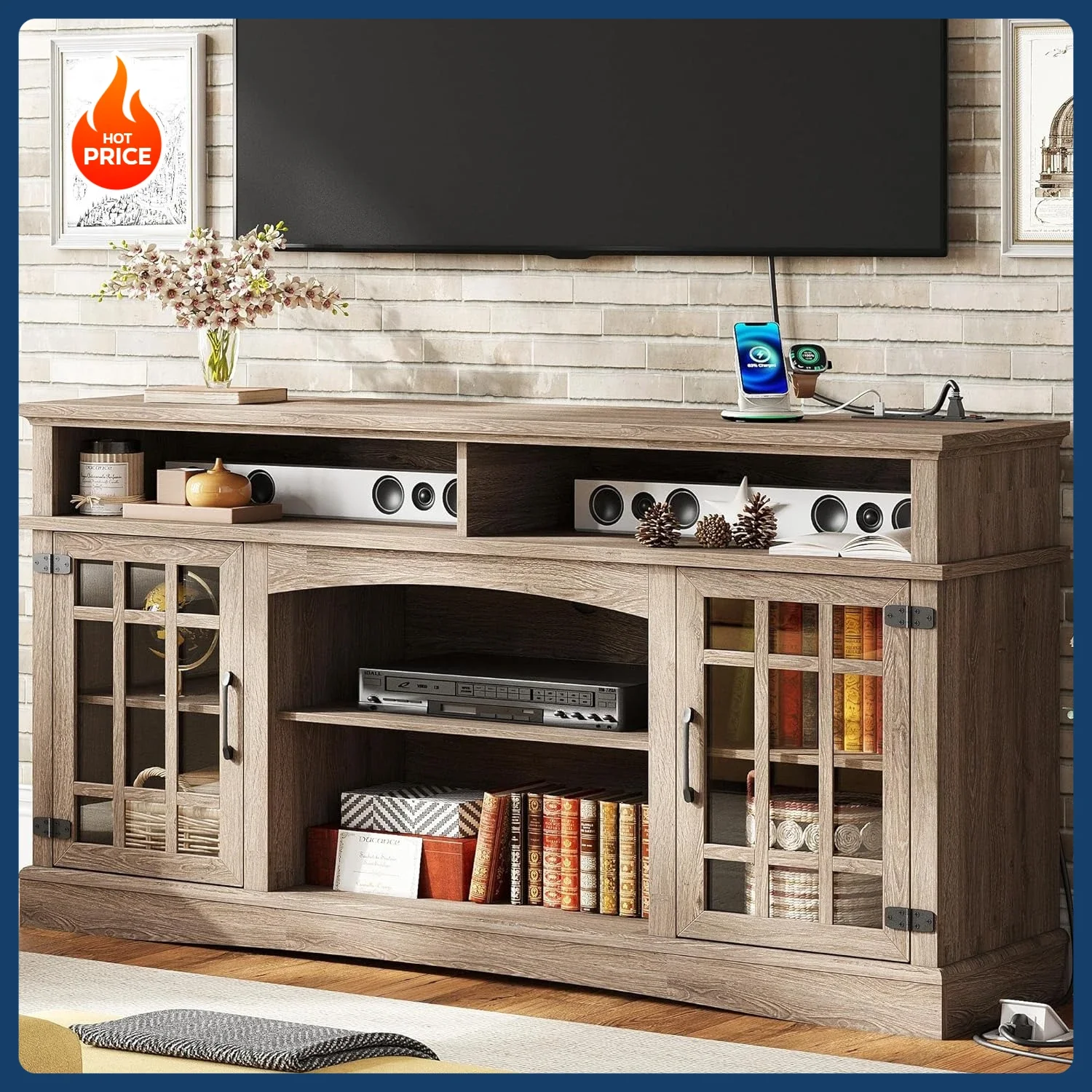 

Бестселлер [Новинка!] Тумба под телевизор в стиле фермерского дома для телевизора 65 дюймов, высокий (32 дюйма) развлекательный центр с розетками, деревенский телевизионный шкаф с розетками.