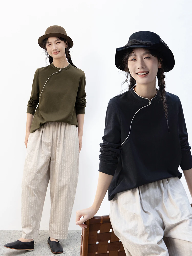 

Новая коллекция Le: Двухцветный вязаный пуловер из смесового хлопка, простой китайский стиль, дышащий, комфортный, с длинными рукавами.