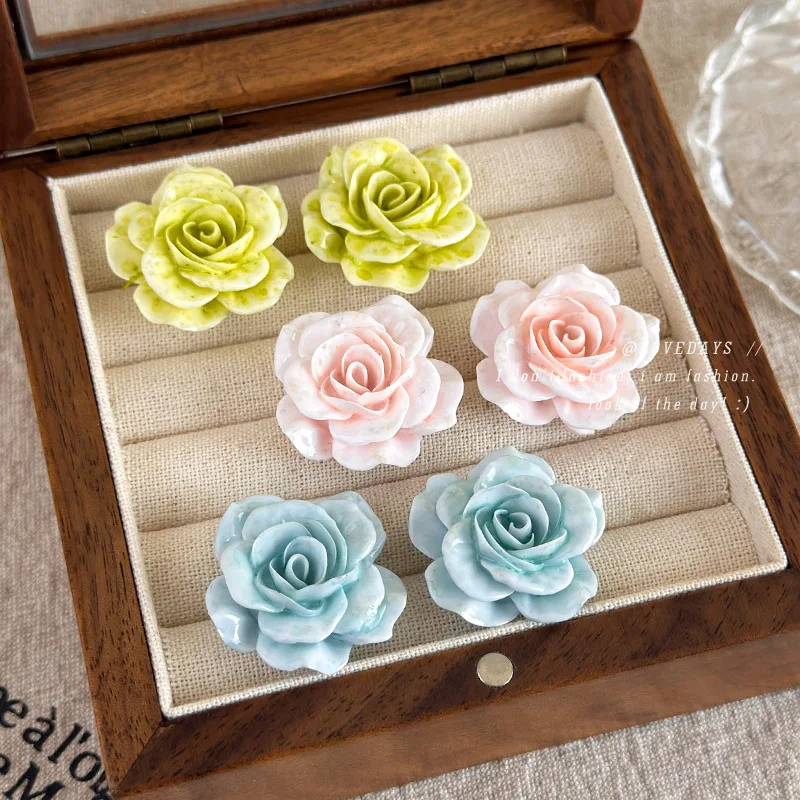 Pink Rose Flower Stud Earrings for Women 2026 New Arrival Sweet Gradient Floral Unique Designer Jewelry Daily Party Gift 1Pair