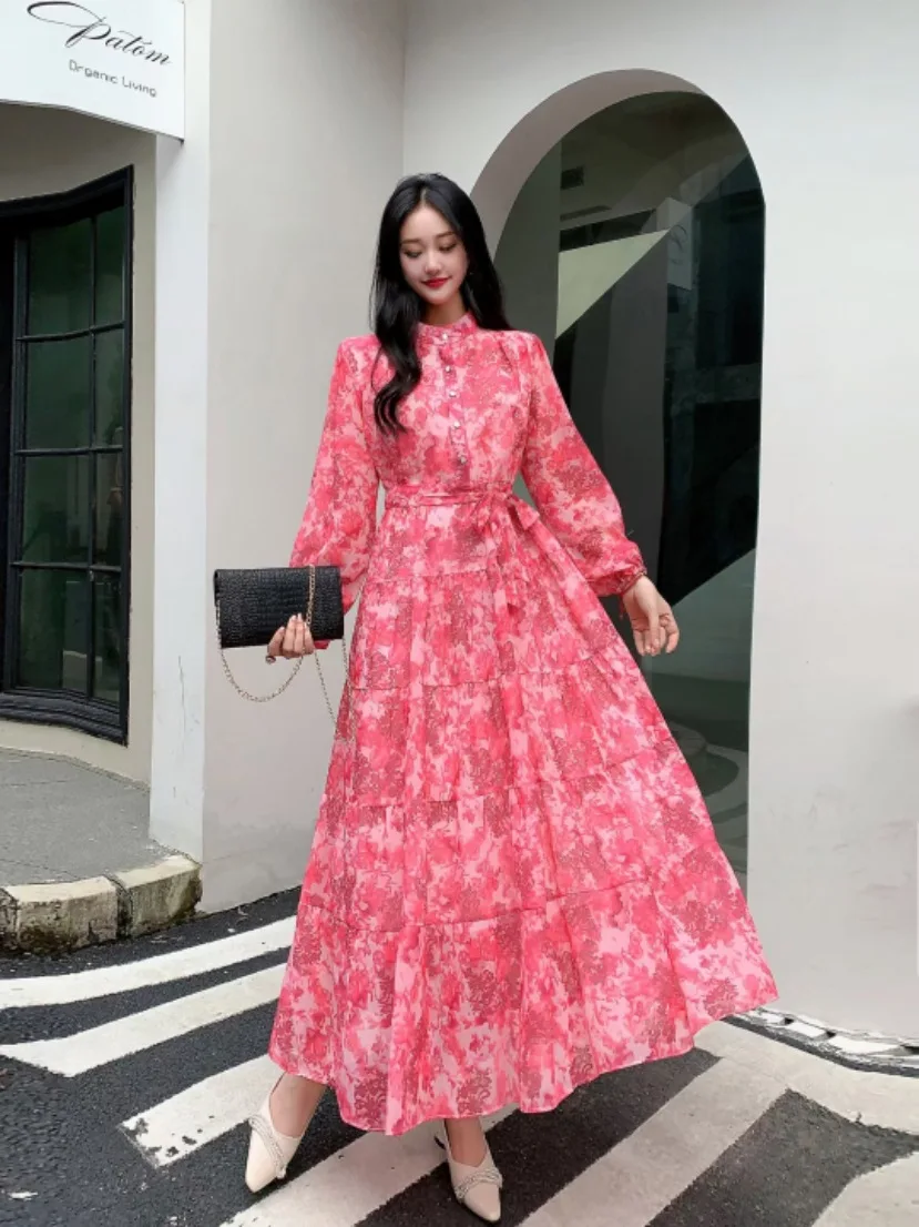 

Retro Stand Neck Long Dresses Flare Sleeve Waistband Slim Print Pleated Dress Eelegant Women'S Fashion Trend 2024 Clothes