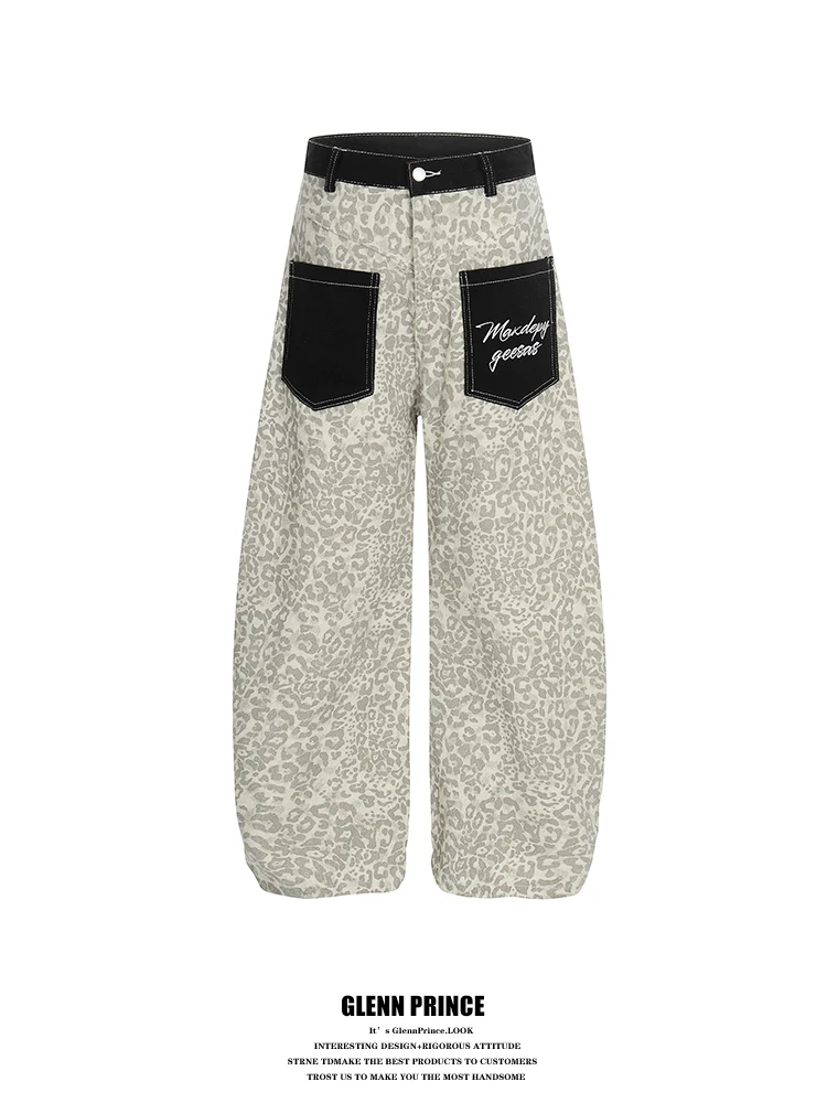 American Street Style Leopard Patch Pocket Jeans Men's 2026 Version Bent Knife Design Reverse Wear Pants Casual Cotton Denim