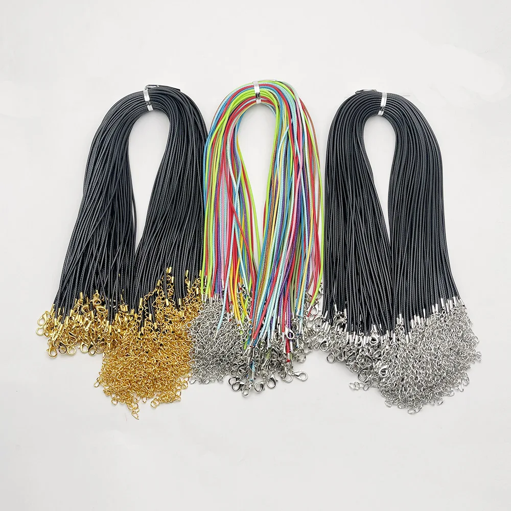 Fashion gold color 1.5MM 2.0MM 45cm 60cm 70cm mixed black Wax rope lobster clasp necklace lanyard Jewelry pendant cords 100pc