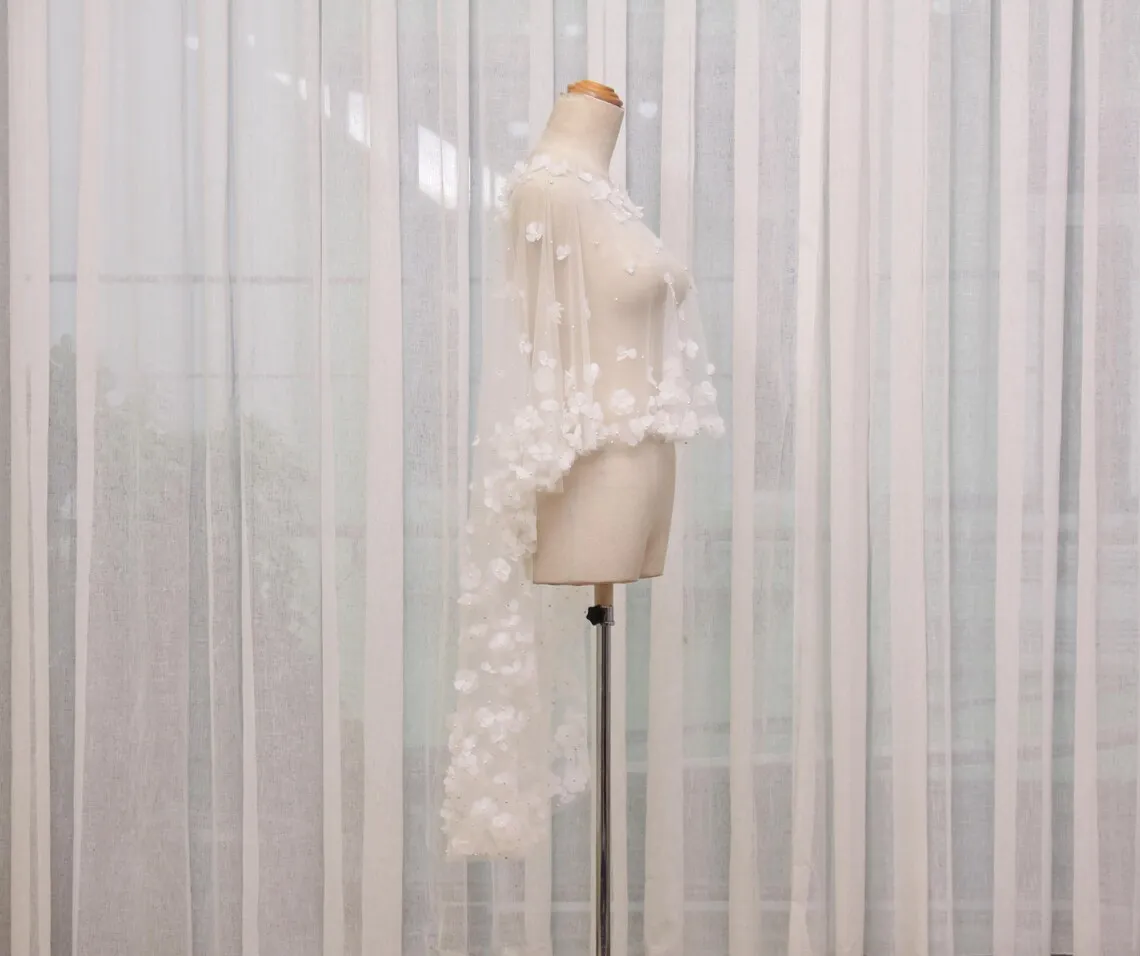 Customized Bridal Cape Adorned with 3D Flowers and Pearls Romantic Floral Wedding Wrap Soft Ivory Tulle Bride Bolero