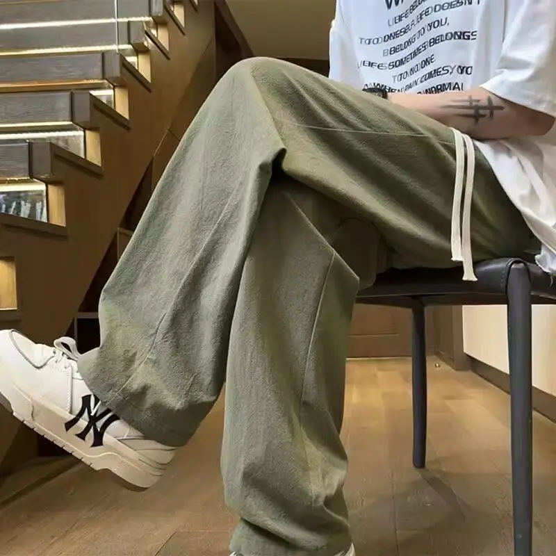 Calças casuais para homens verão novo gelo seda na moda esportes solto tubo reto para homem