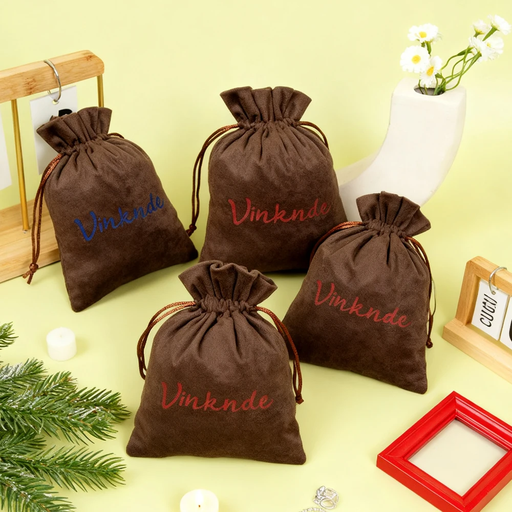 

8x10cm Custom Logo Brown Velvet Pouch Wedding Candy Gift Drawstring Pouch Perfume Candle Jewelry Suede Pouch Underwear Dust Bag