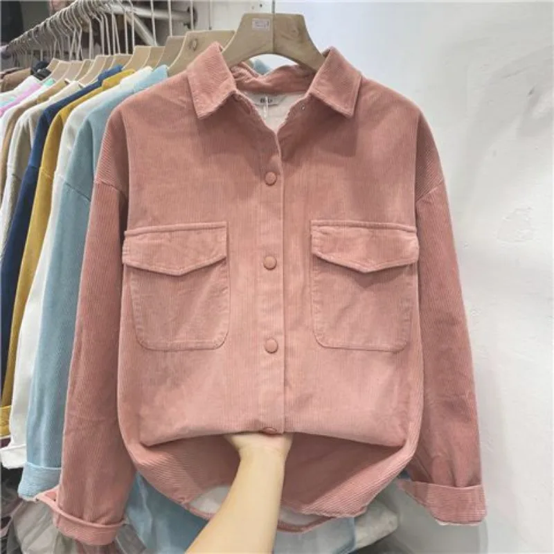 Corduroy Shirt Women Fleece Long Sleeve Blouse Autumn Winter Women\'s Clothing Korean Fashion Single-breasted Pocket Tops New