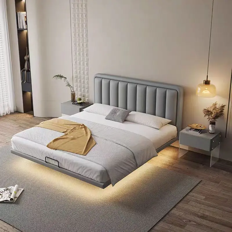 Solid wood, suspended bed, modern, simple, master bedroom, large bed, light luxury, double