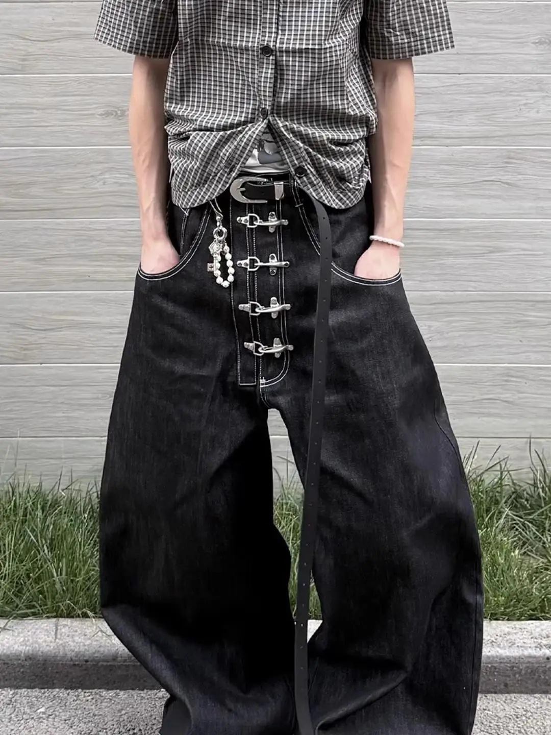 

Мужские джинсы свободного кроя с широкими штанинами и ретро-американским дизайном на пуговицах, в пол, для уличного стиля, осенняя мода