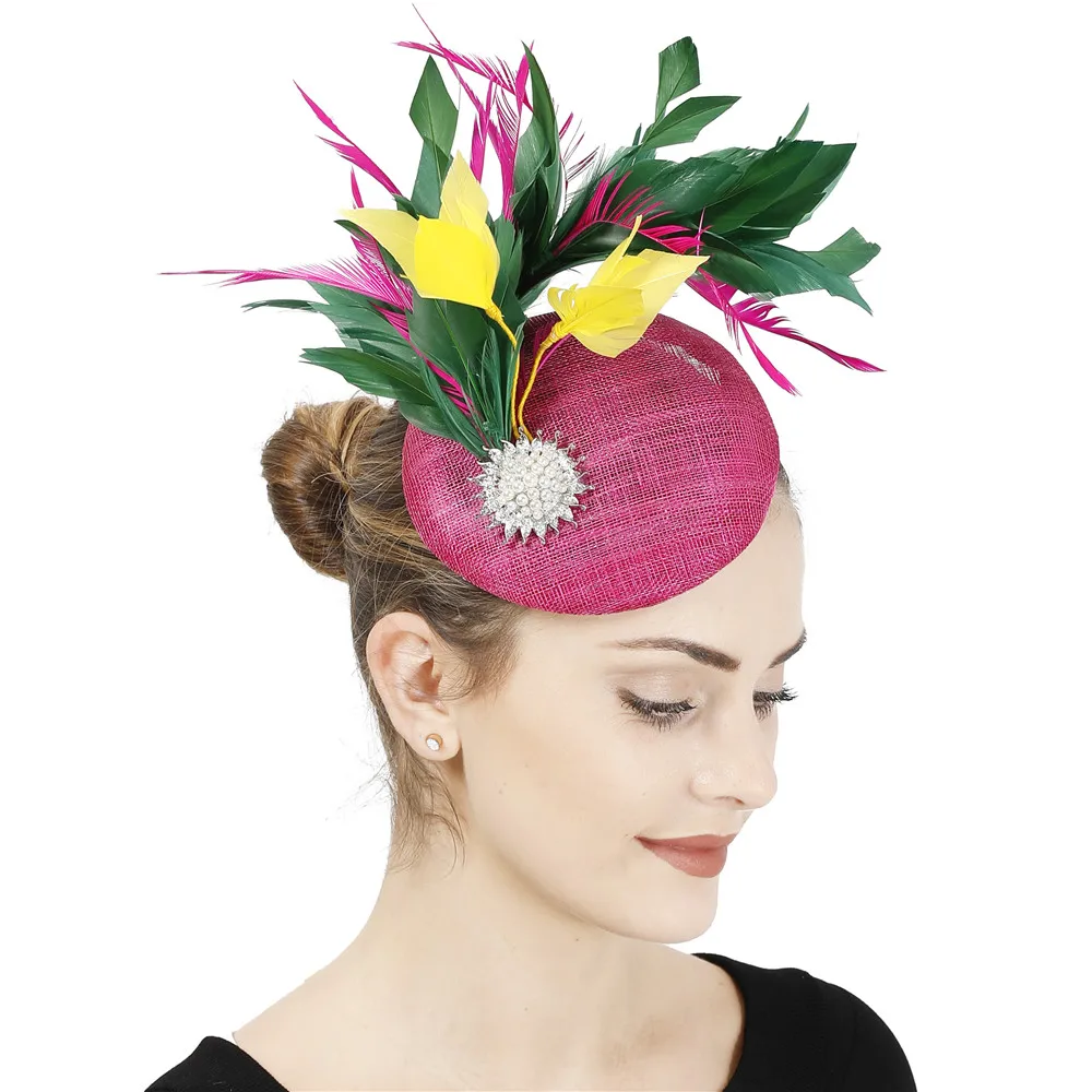 Hot Pink Linen Fascinator Sinamay Wedding Mesh Feathers Millinery Hat Female Accessories Elegant Church Headpiece High Quality