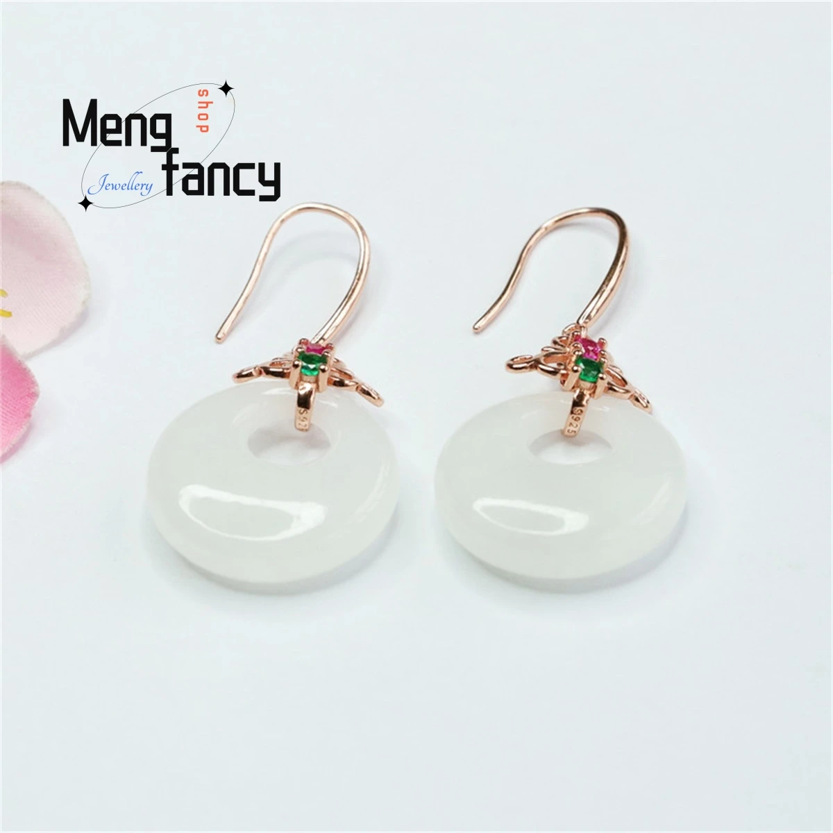 

Natural S925 Silver Inlaid Hotan White Jade Princess Buckle Earring Treasure Simple Personalized Fashion Versatile Fine Jewelry