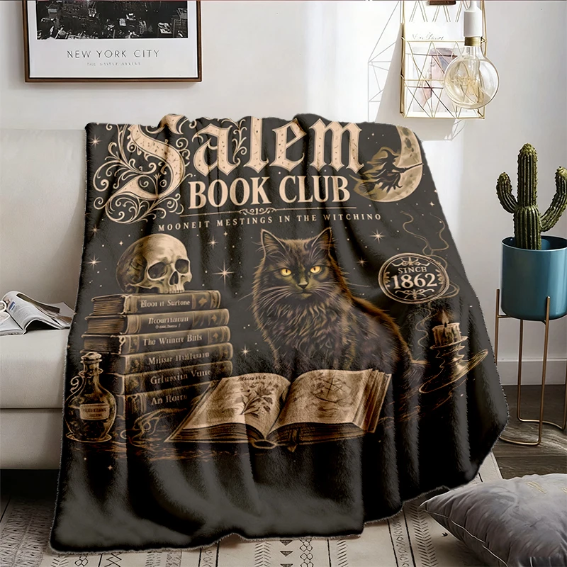 Vintage Salem Book Club Flannel Blanket, Bookish Halloween, Salem Witches, Spooky cat Flannel Blanket, Thriller Reader