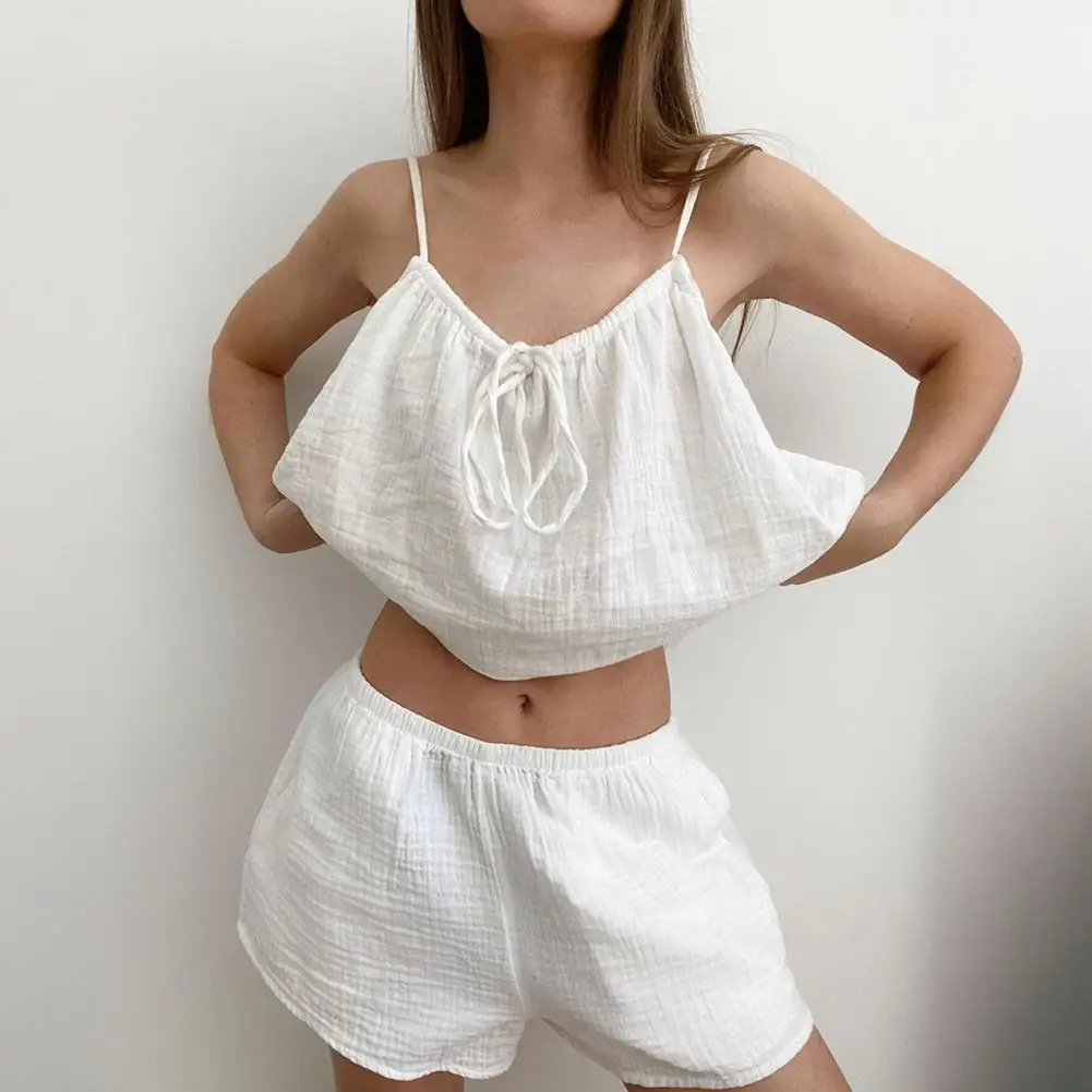 

Spring Fall Sleeveless Homewear Loose 2Pcs Pajama Set Gauze Cotton Casual Solid Sleeping Shirt Home Wear Clothes
