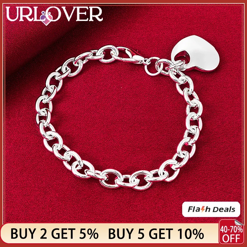 

URLOVER 925 Sterling Silver Bracelets Fashion Heart Pendant Bracelet Woman's Party High Quality Jewelry Wedding Accessories Gift