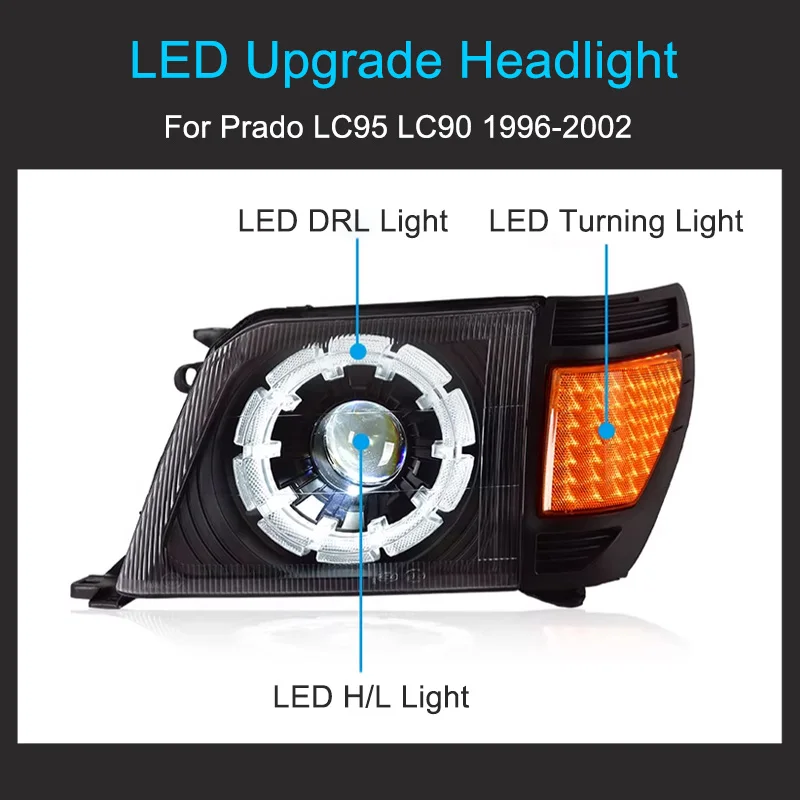 1 زوج LED ترقية المصباح ل Prado LC95 LC90 3400 2700 1996-2002 LED المصابيح الأمامية التوصيل والتشغيل مع مصابيح LED كاملة الرأس