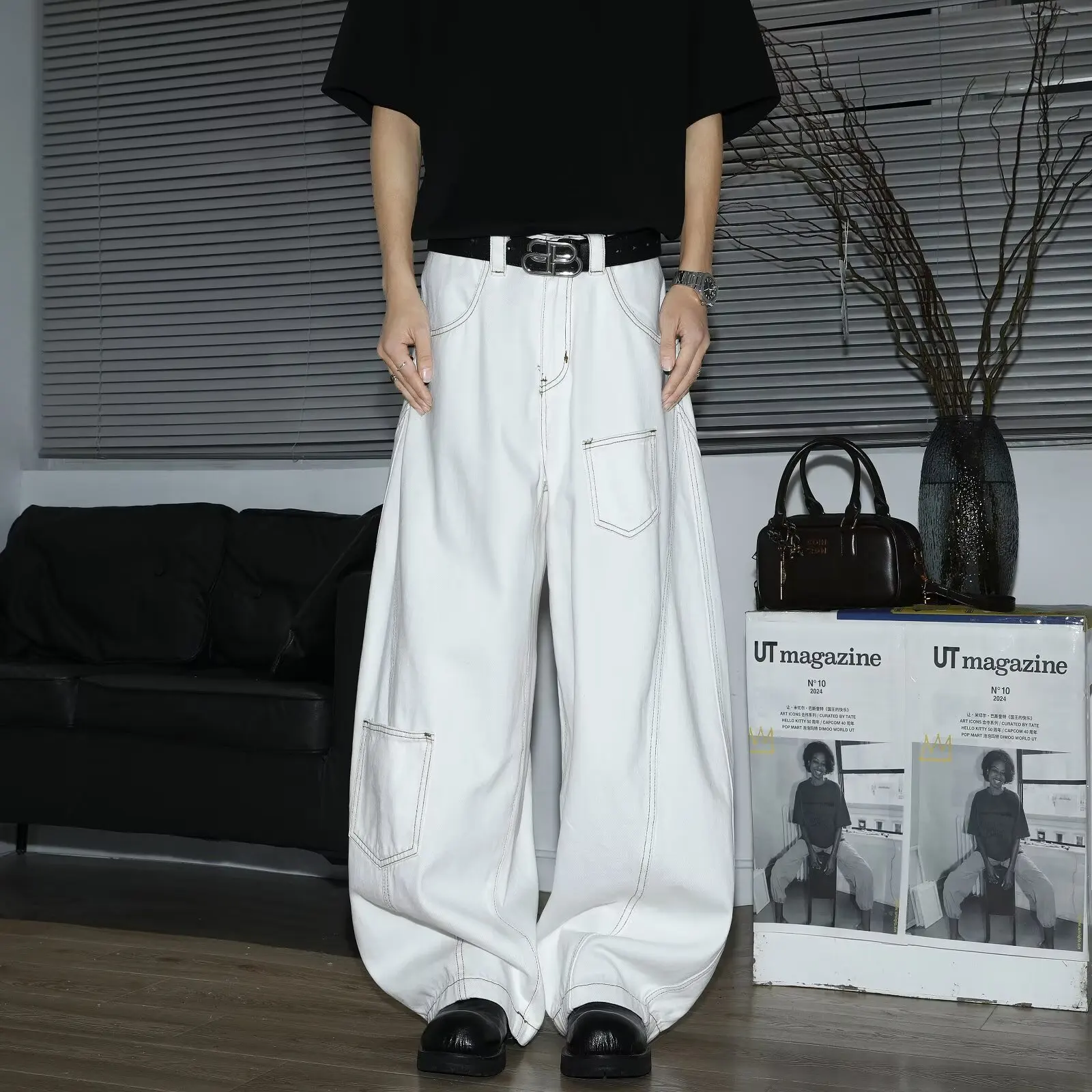 Y2K الرجال الجينز الأبيض عالية الخصر واسعة الساق الدنيم السراويل الرجعية فضفاض نمط موضة فضفاضة تناسب عادية سراويل جينز الشارع الشهير #5