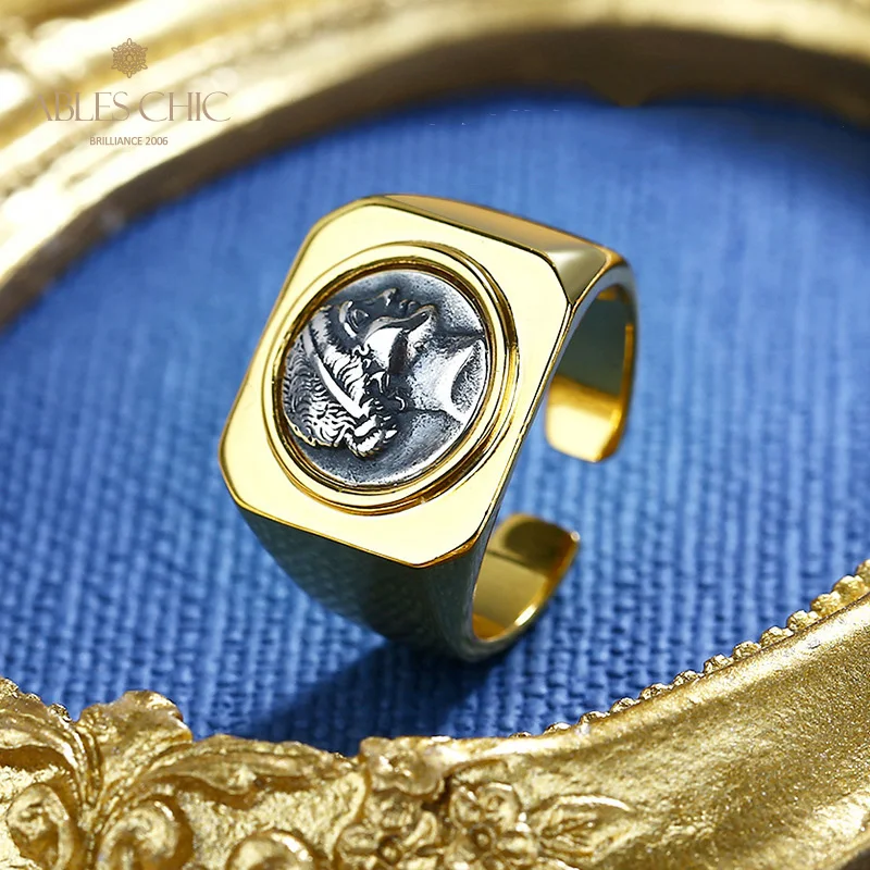 Greek Amazon Female Warrior Silver Coins Signet 18K Gold Two Tone Solid 925 Silver Roman Coin Open Ring R1020