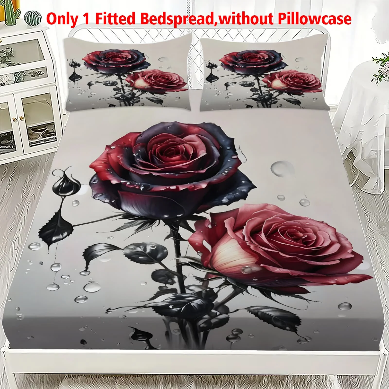 1 Stück 3D Dunkelrote Rosen mit Tautropfen-Druck Spannbettlaken mit Tiefen Taschen Elastischer Matratzenbezug Einzel Doppel Queen King Schlafzimmer Deko