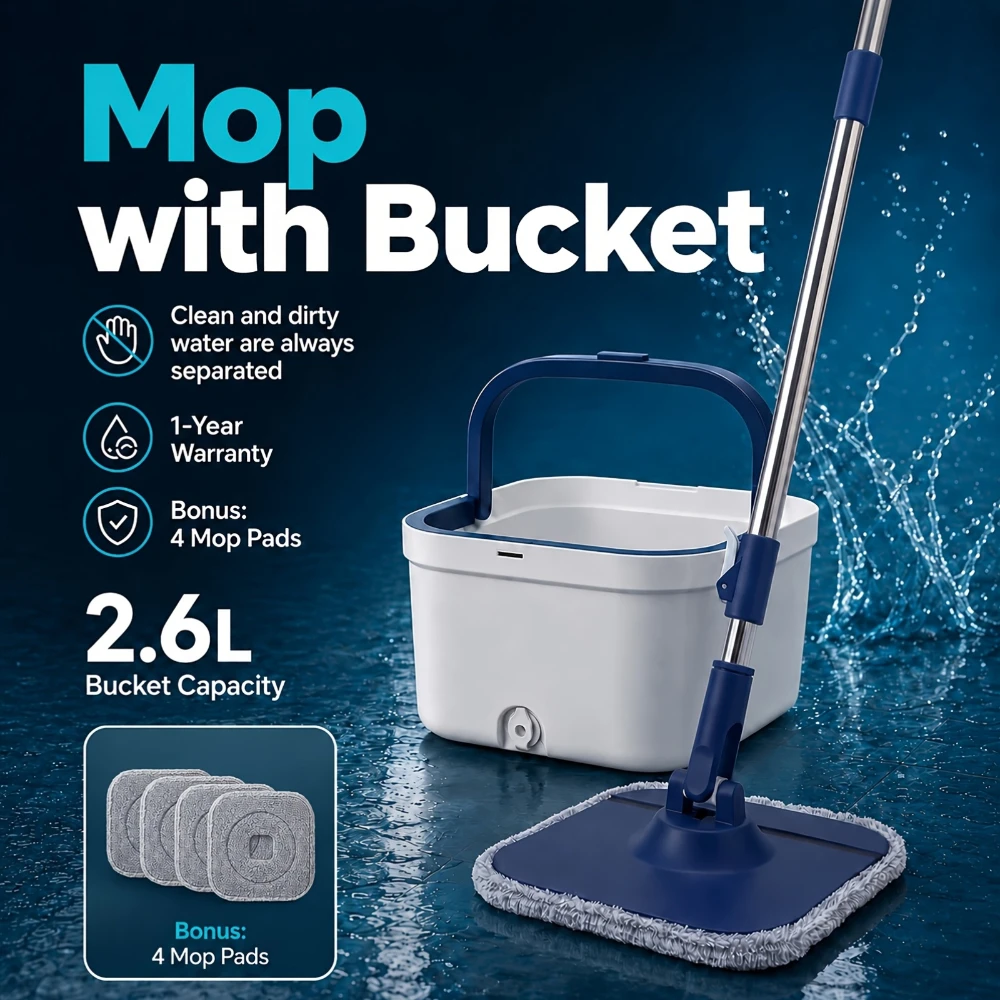 2.6L Separate Bucket Square Mop Set Hands-Free Flat Mop for Wet Dry Mopping, Cleaning Set Ffor Kitchen Bathroom Living Room
