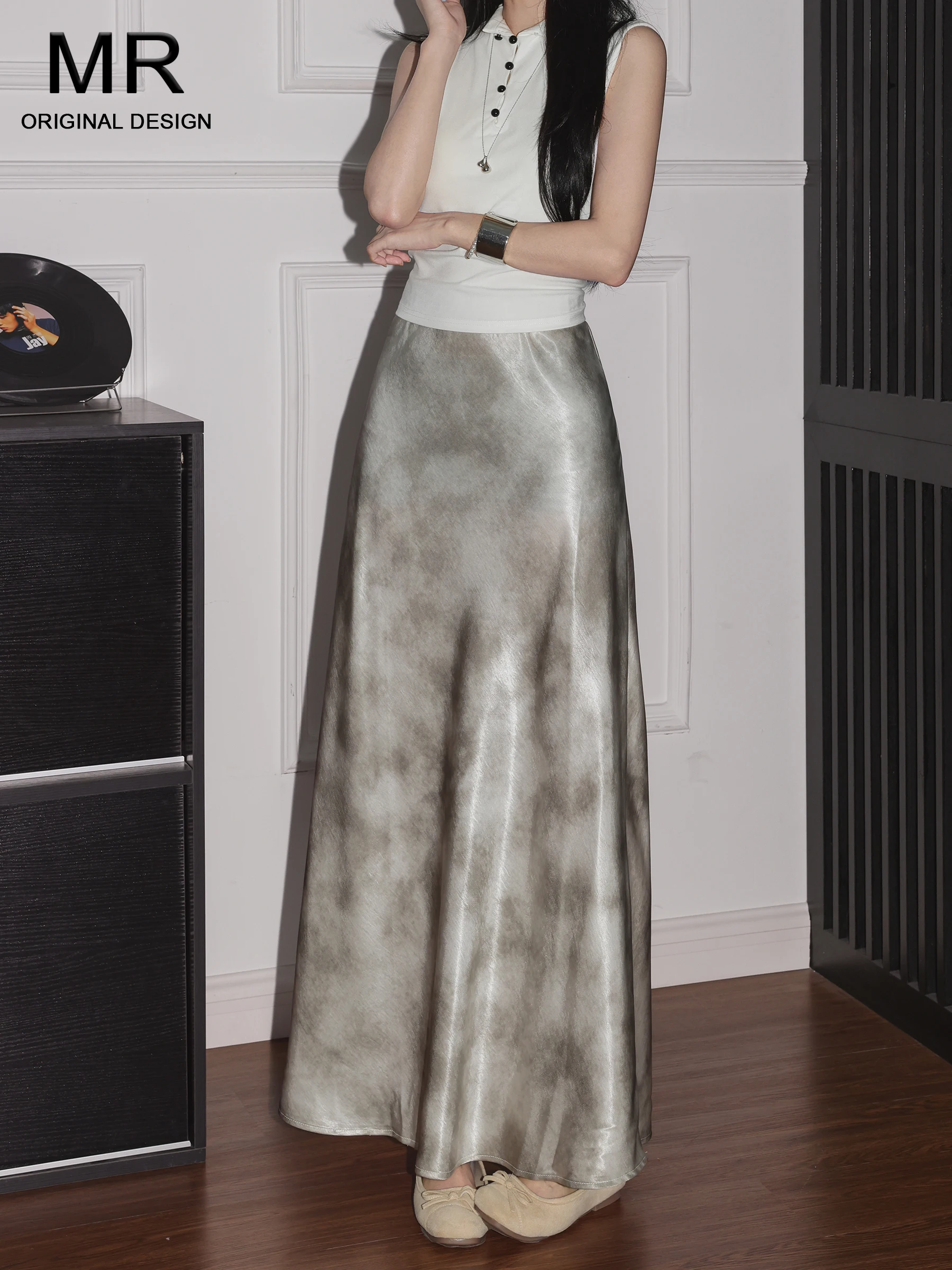 

Gray Ink Wash Style Retro Satin Dyed Half Skirt Women's High Waist Slimming Fish Tail Skirt Summer New Arrival Casual Style