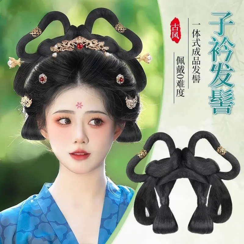 Dance Fairy Dunhuang Flying Apsaras Hanfu Wig Integrated Tang Style Hair Bun Classical Performance Volume Pad Women Cosplay Wig