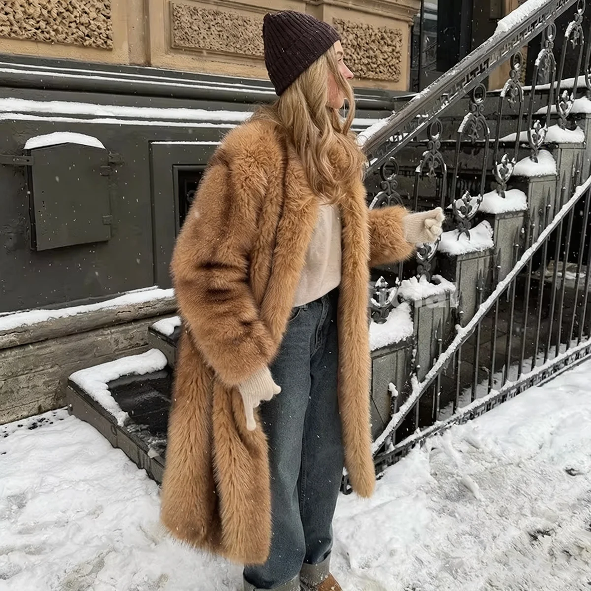 Women Winter Faux Fur Coat Long Fluffy Camel Brown Oversized Vintage 2026 New Old Money Y2K Streetwear Outerwear