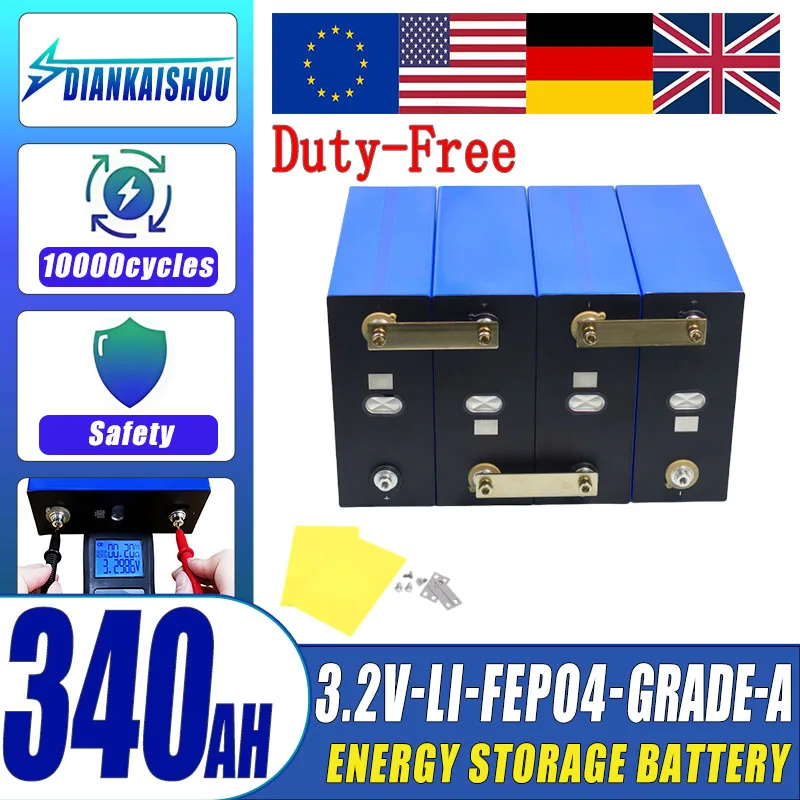 New 3.2V 340AH Lifepo4 Battery 3C High Power Grade A DIY 12V 24V 48V EV RV Solar Energy Storage Rechargeable Battery Duty Free