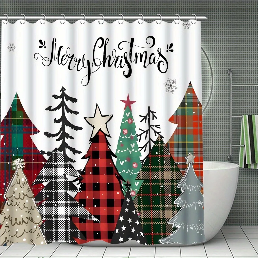Navidad Frohe Weihnachten Baum Dusch vorhang Set wasserdichten Polyester Weihnachten Bad Vorhang und Toilette Boden matte mit kostenlosen 12 Haken – Detail 3