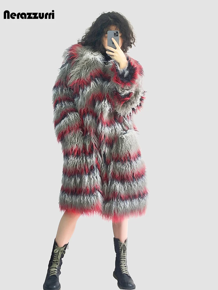 Nerazzurri Winter Long Shaggy Hairy Gradient Colorful Thick Warm Soft Fluffy Faux Fur Coat Women Pockets Luxury Designer Clothes