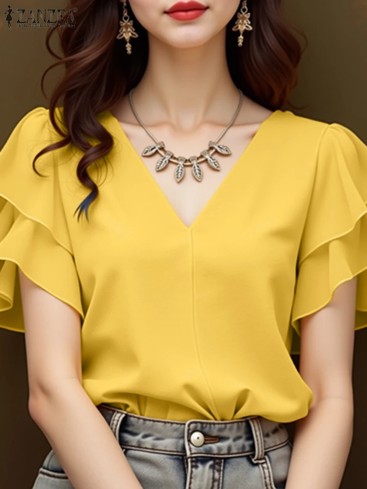 

2025 Fashion Summer Tunic Blouse ZANZEA Women V Neck Short Ruffled Sleeve Tops Solid Blusas Elegant Office Work Shirts Oversize