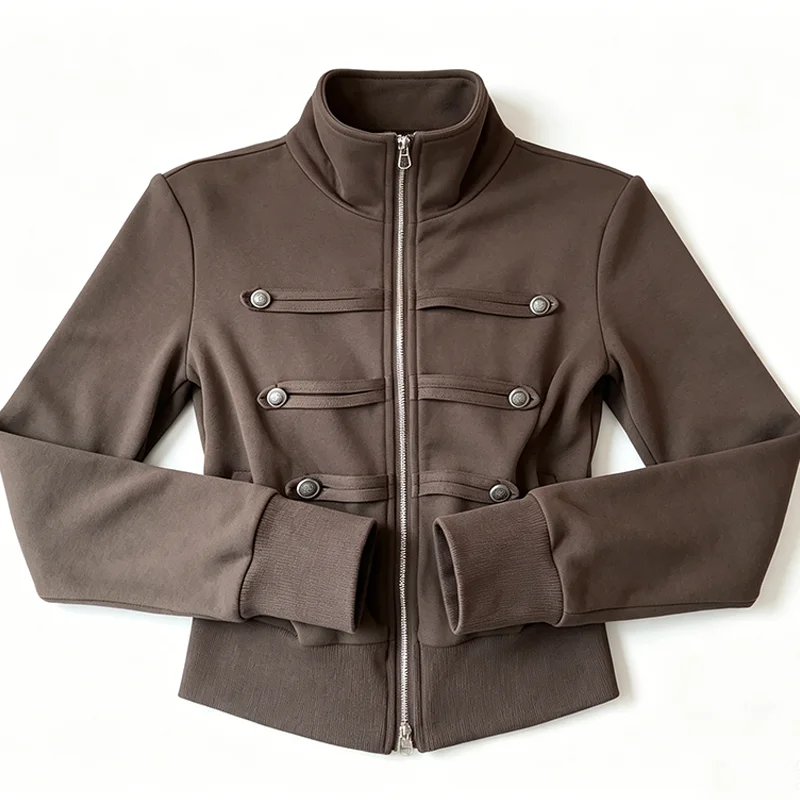 Women's Brown High Collar Long Sleeve Short Jacket Y2K American Streetwear Windproof Casual Vintage Top Coat Clothing 2026 New