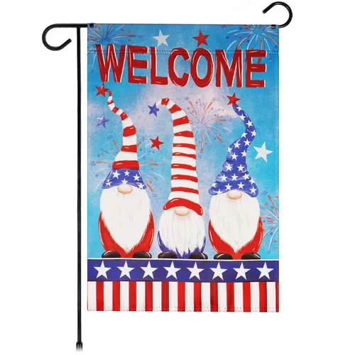 1 Ft. 1.5 Ft. Polyester Welcome 3 Patriotic Gnomes Garden Flag 2-Sided Printed B EEJ UUN