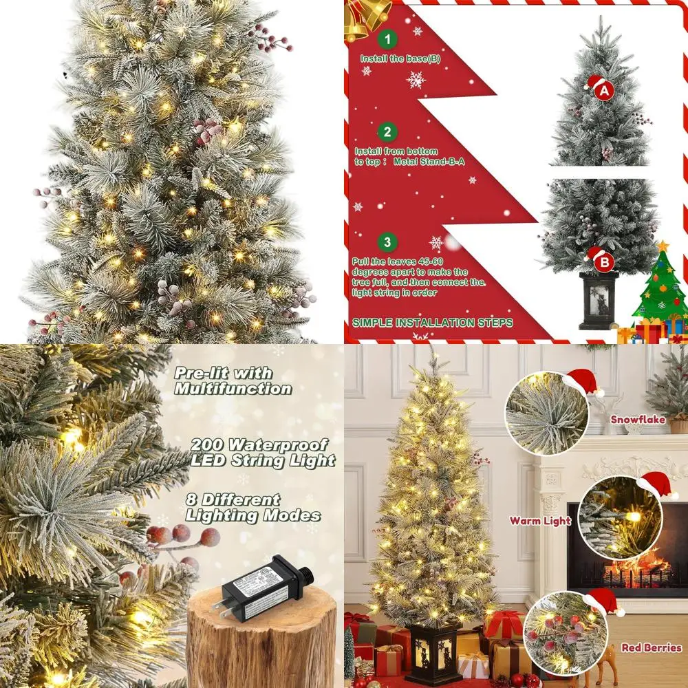 

Рождественская елка из флока длиной 4,5 фута с наконечниками 386, 200 огней, сосновыми шишками, основанием снеговика — декор для дома и вечеринки