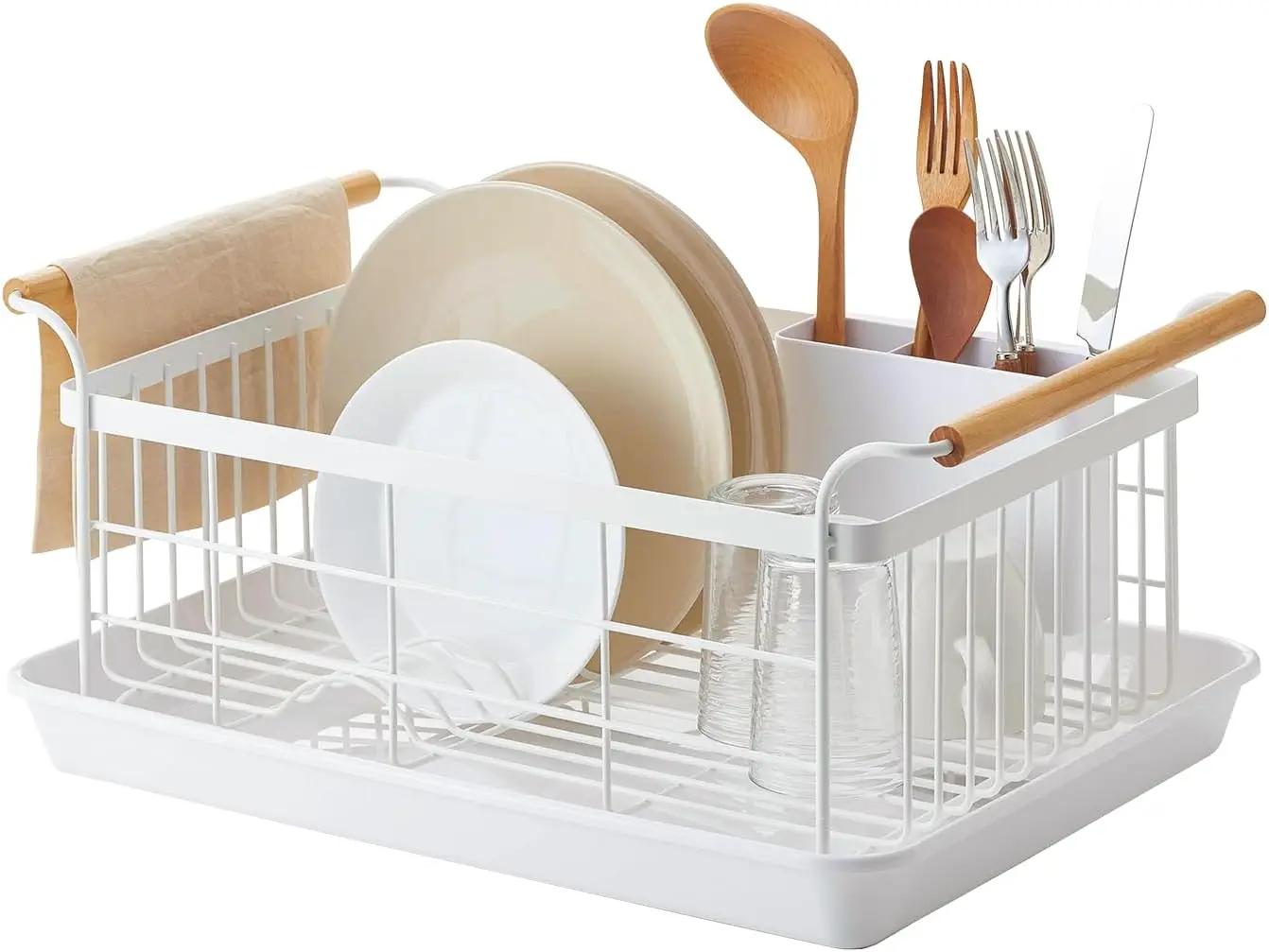 Escurridor de Platos Moderno para el Hogar, Organizador de Encimera de Acero y Madera con Bandeja Extraíble y Porta Cubiertos, Escurridor de Cocina Compacto que Ahorra Espacio, Blanco
