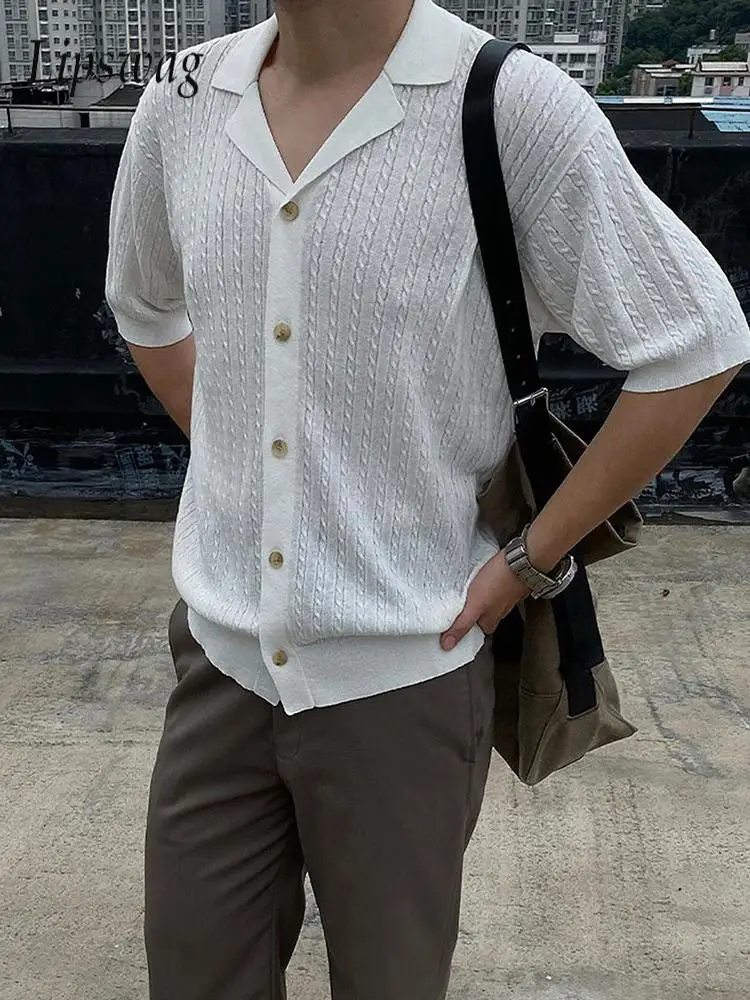 

Trendy Men's Slim Knitting Shirts 2025 Summer Outdoor Casual Breathable Knit Cardigans Men Vintage Lapel Button Short Sleeve Top