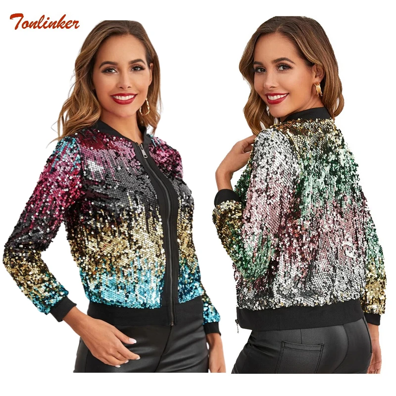 Jaqueta de lantejoulas feminina com zíper frontal, casaco elegante, aberto brilhante, colorido, gradiente, outwear casual, tops soltos, primavera, novo