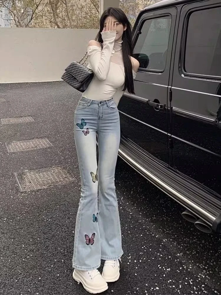 

2026 New Women's High Waist Flare Jeans Butterfly Embroidered Vintage Stretchy Slimming Denim Pants Spring Casual Streetwear