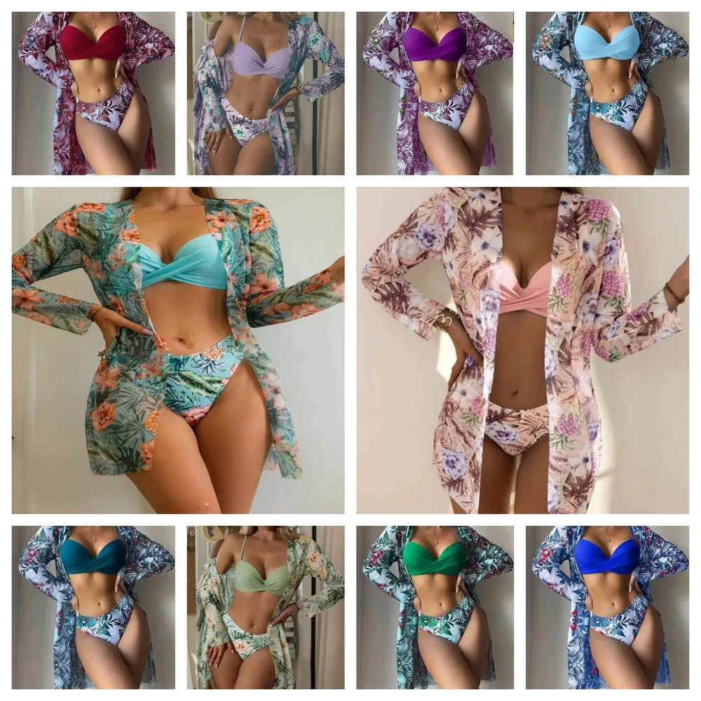 

Womens 3 Pcs Beach Bikini Set Sexy Three Piece Bikini Top Ladies Swimsuits with Mesh Sheer Beach Cover Up Beachwear