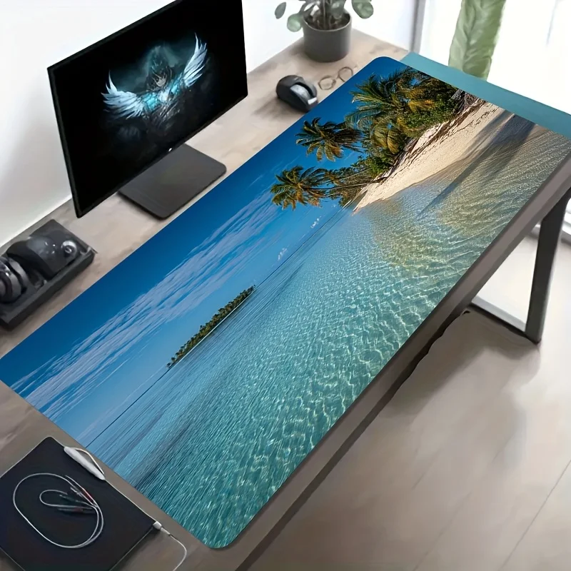 Grand tapis de souris gaming en fer forgé, motif plage océanique, antidérapant, base en caoutchouc lavable, tapis de bureau surdimensionné, décoration pour ordinateur de bureau